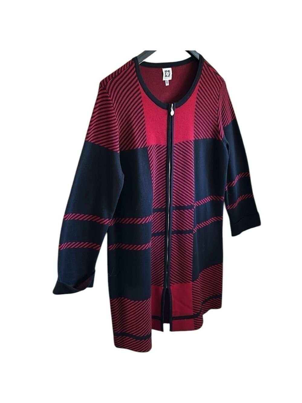 Anne Klein Coat Sweater Full Zip Cardigan in Black and Red Plaid Size XL - Picture 4 of 9